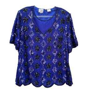 Vintage 80s Stenay Beaded Sequin Silk Blouse Plus Size 3X Art Deco Gatsby 20s